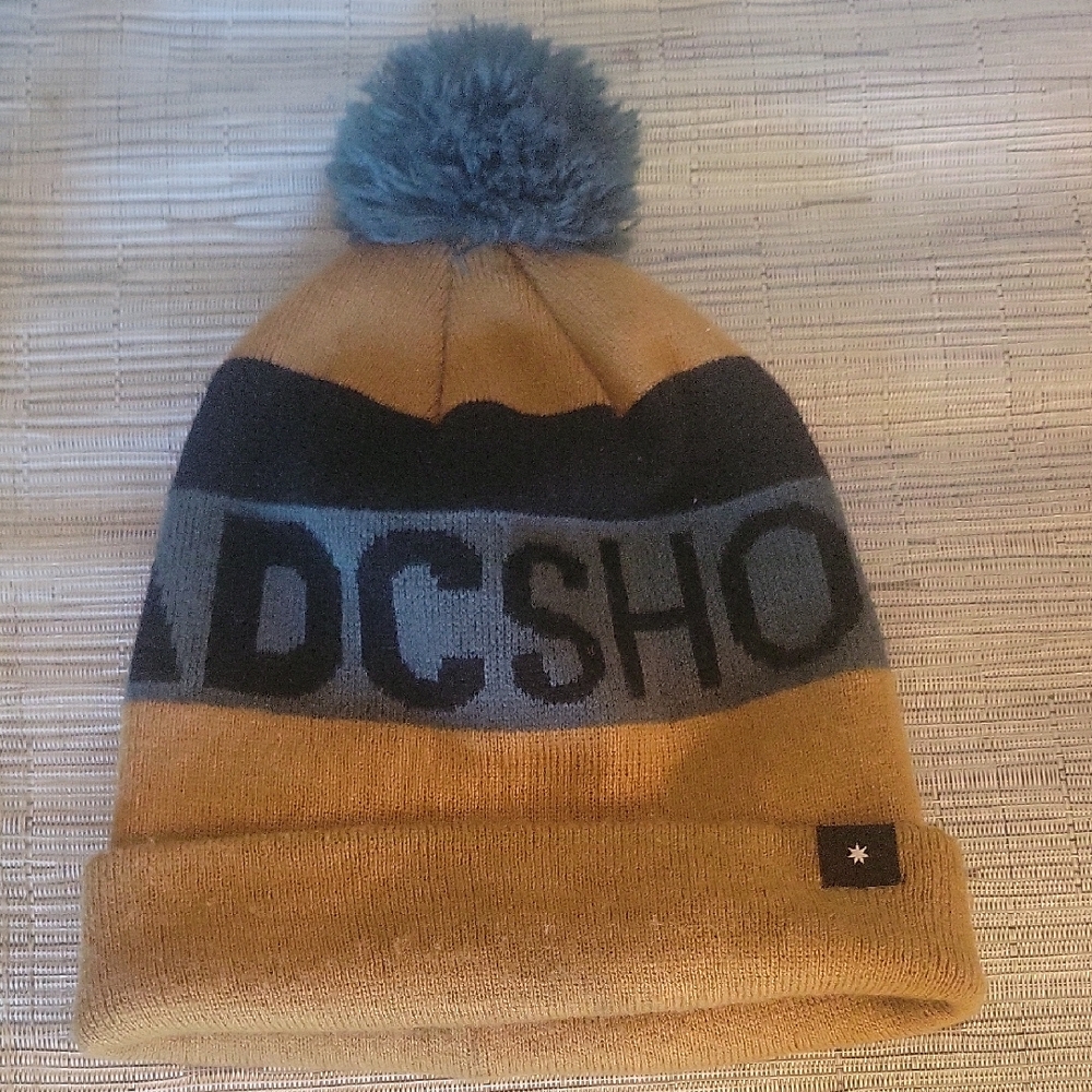 Kids' Blue and Tan Beanie with Pom Pom
